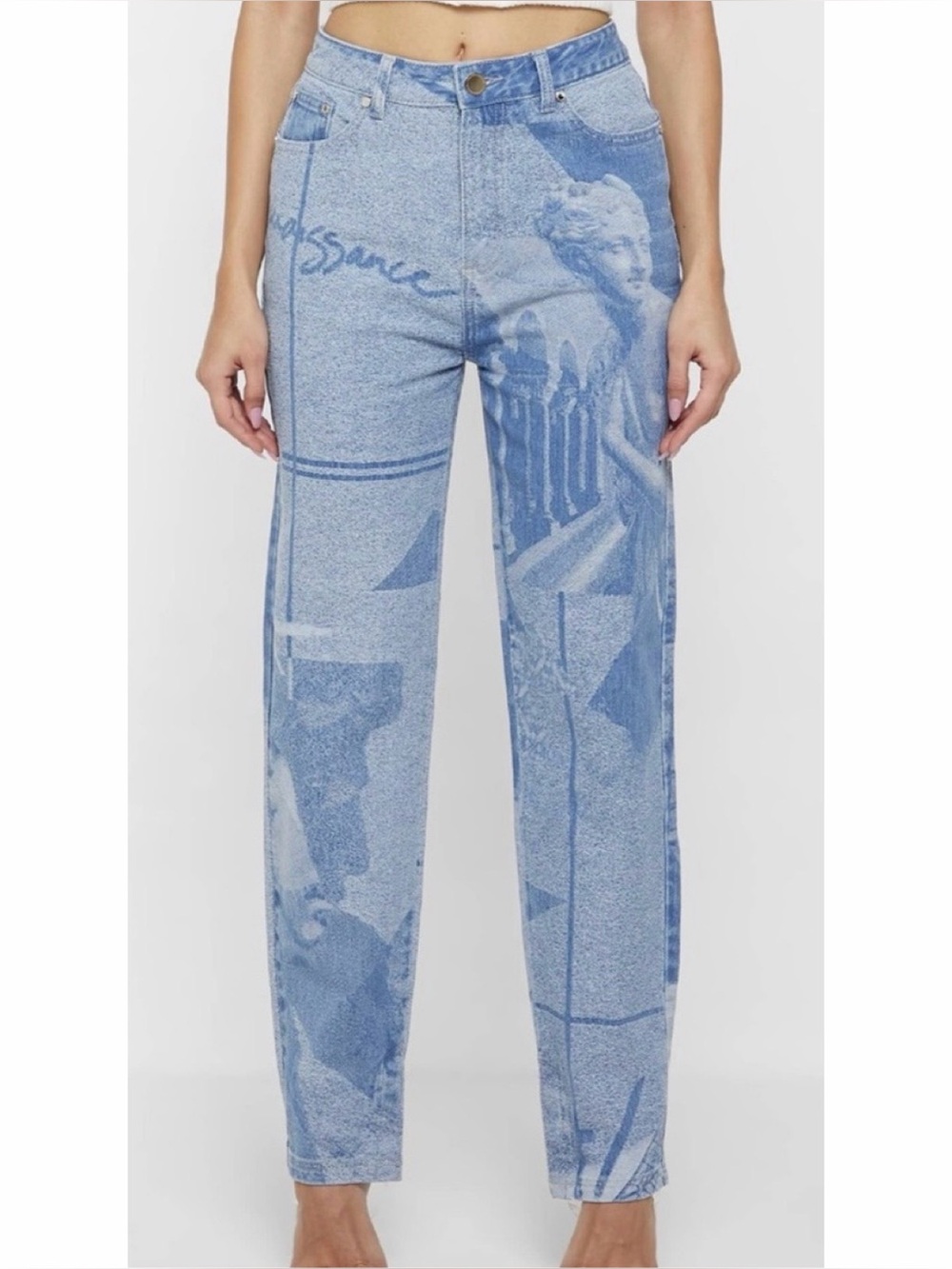 MANIÈRE DE VOIR • Blue Renaissance Statue Graphic Print High-Rise Mom Jeans, 0